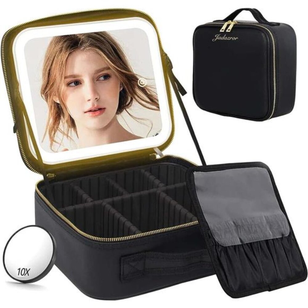 Lighted Travel Makeup Bag -3 Colors,Mirror,2-Layer Organizer with 10X Magnifying